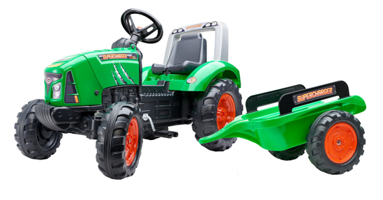 Poza cu Jucarie tractor cu pedale verde Supercharger cu capota cu deschidere si remorca, Falk, 2021AB